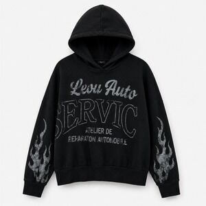 River Island Un_Planned Black Leon Auto Service Flame Graphic Hoodie Mens Large